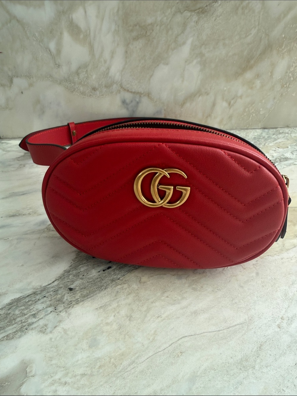 Designer  inspired Red Quilted Leather Crossbody Belt Bag with Gold Double G